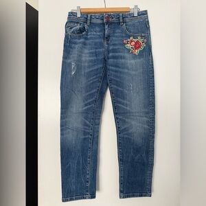 Zara Blue Jeans with Red Floral Embroidery